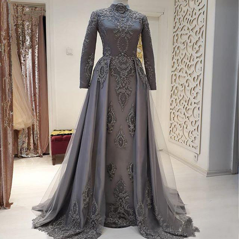 Elegant Muslim Mother Of The Bride Dresses High Neck Long Sleeves Grey Formal Evening Gowns Lace Appliques A-Line Women Spring Autumn Winter Celebrity