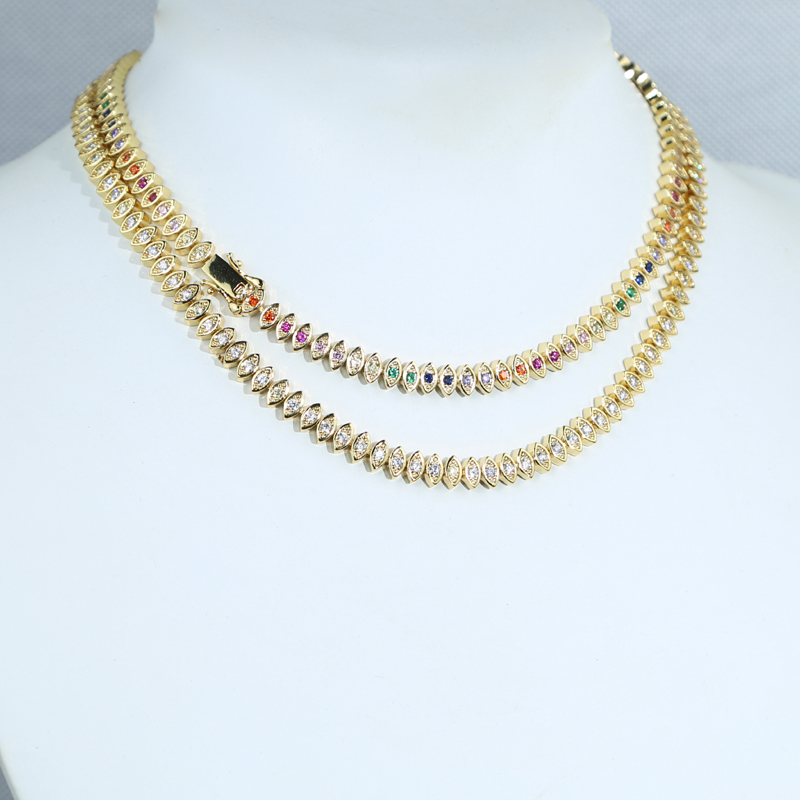 Iced out eye charm tennis chain necklace with gold plated paved white rainbow cz stone statement necklaces for women lady party punk hip hop jewelry d