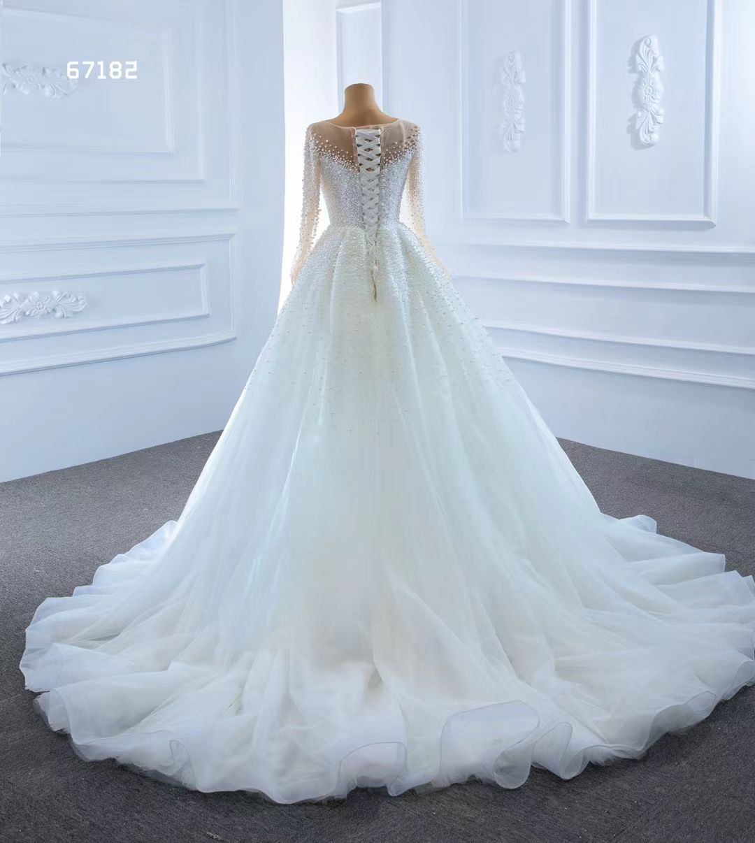 Illusion Long Sleeve Crystal Mermaid Wedding Dress with remove train robe de mariage Pearls Lace-up Corset Back Bridal Gowns