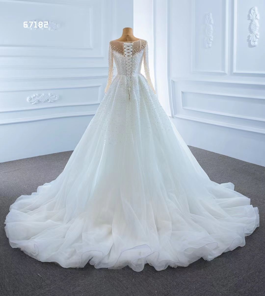 Illusion Long Sleeve Crystal Mermaid Wedding Dress with remove train robe de mariage Pearls Lace-up Corset Back Bridal Gowns