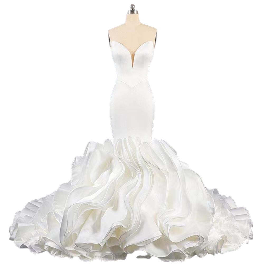 Bridal Satin Sweetheart Mermaid Wedding Dresses Sexy Deep V Neck Fishtail lace-up Corset Ruffles Organza Bridal Dress Robes