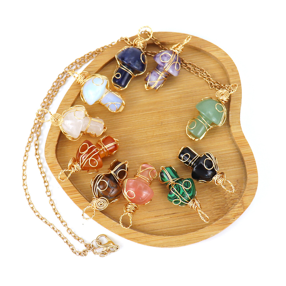 Handmade Natural Crystal Agate Pendant Necklaces Wholesale Wire Wrapped Stone Agates Tiger Eye Mushroom Necklace for Women Reiki Healing Gemstone Cart