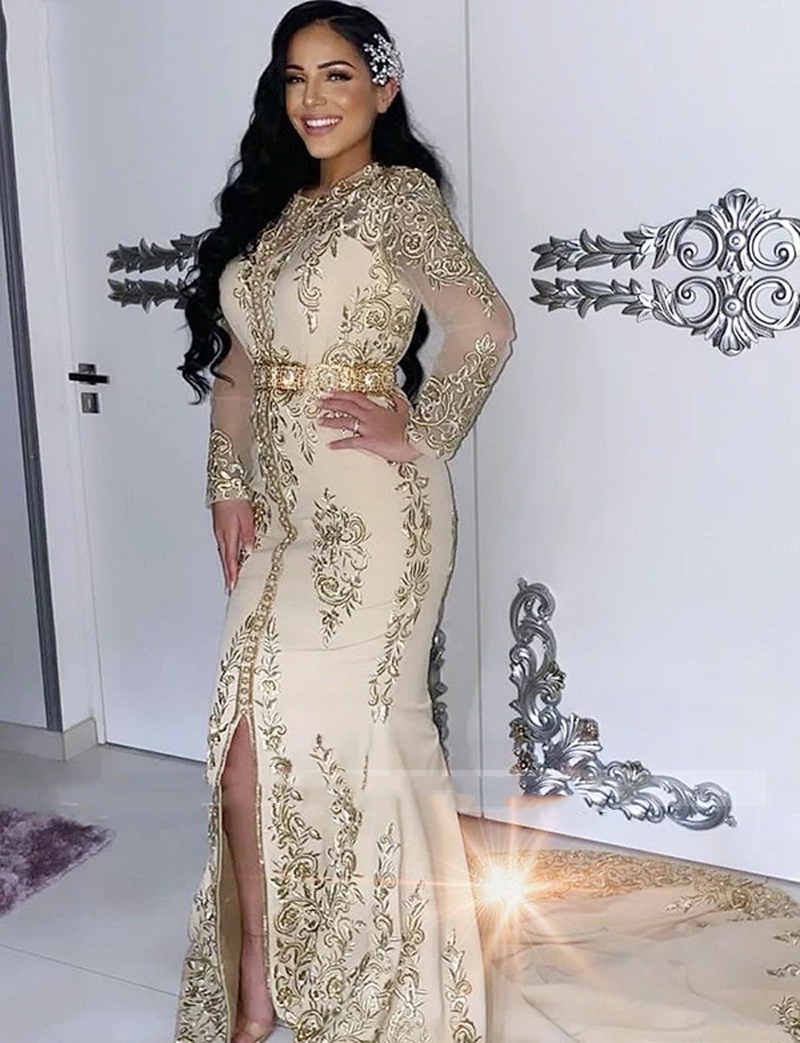 Elegant Champagne Moroccan Kaftan Evening Dresses Lace Embroidery Long Sleeve Front Split Mermaid Celebrity Party Gowns Court Train Arabic Maxi Prom W
