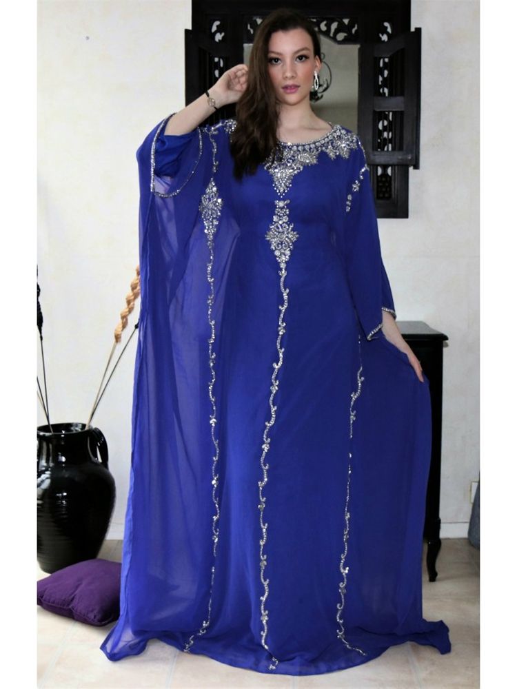 Royal Blue Evening Dresses Arabic Dubai Abaya Morocco Crystals Beaded Long Sleeves Caped Floor Length Muslim Prom Party Gowns
