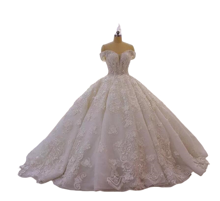 Sparkly Beaded Off Shoulder a-line Wedding Dress Luxury 3D Flowers Lace-up corset Appliqued Princess Vintage Arabic Bridal Gown
