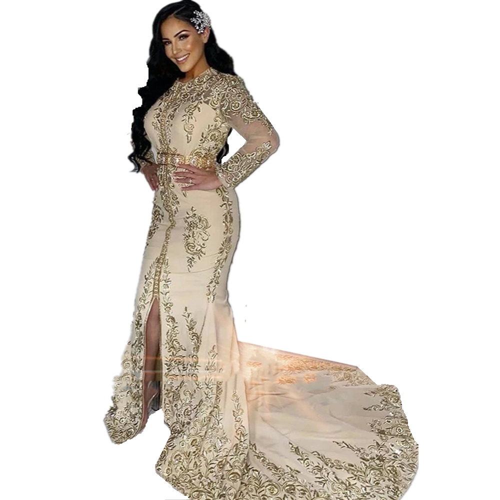 Elegant Champagne Moroccan Kaftan Evening Dresses Lace Embroidery Long Sleeve Front Split Mermaid Celebrity Party Gowns Court Train Arabic Maxi Prom W