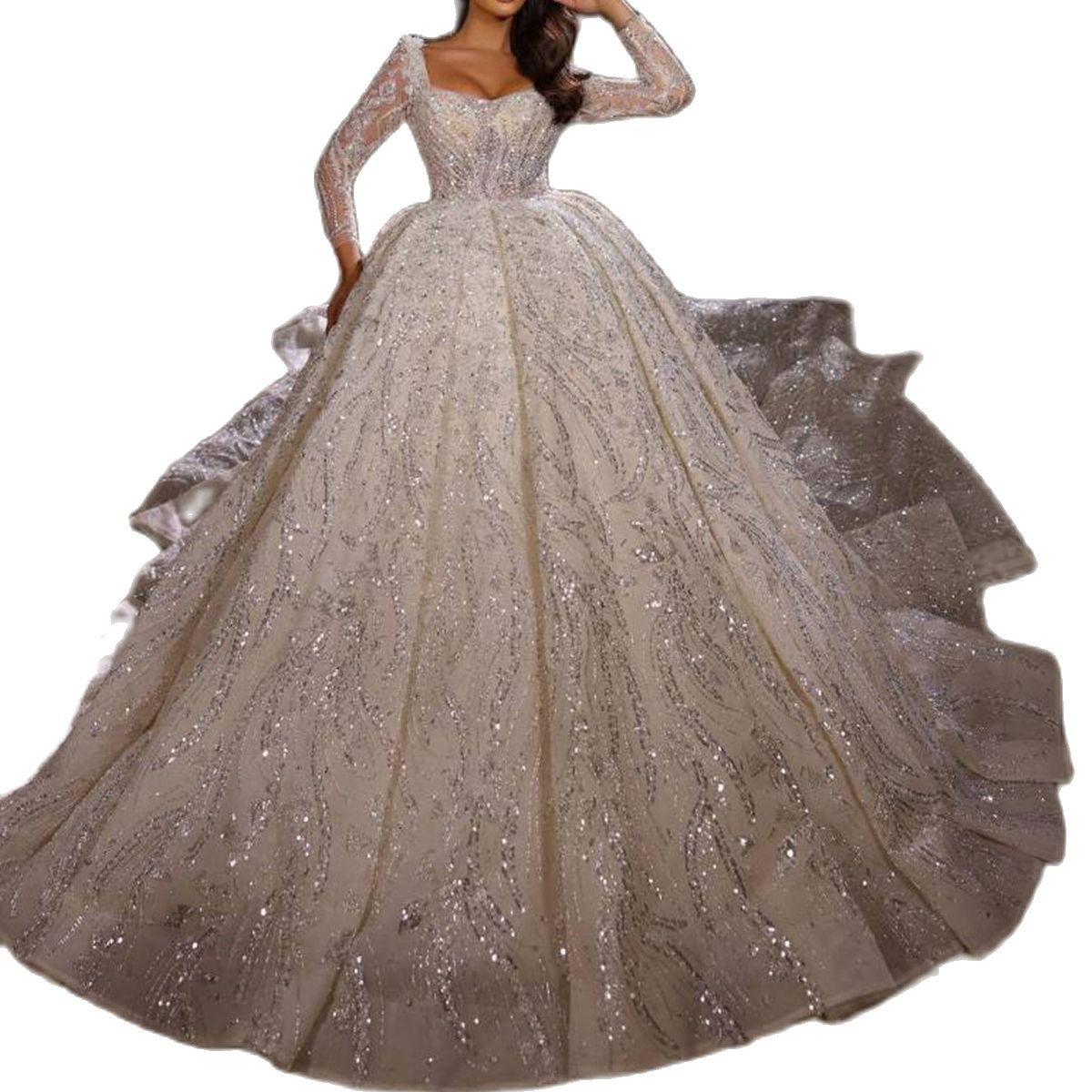 Exquisite Sequins Wedding Dress Ball Gown Custom Made Square Neck Full Sleeve Lace Beads Long Train Church Bridal Dresses