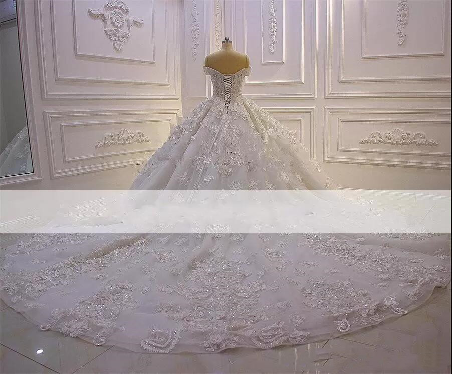 Sparkly Beaded Off Shoulder a-line Wedding Dress Luxury 3D Flowers Lace-up corset Appliqued Princess Vintage Arabic Bridal Gown