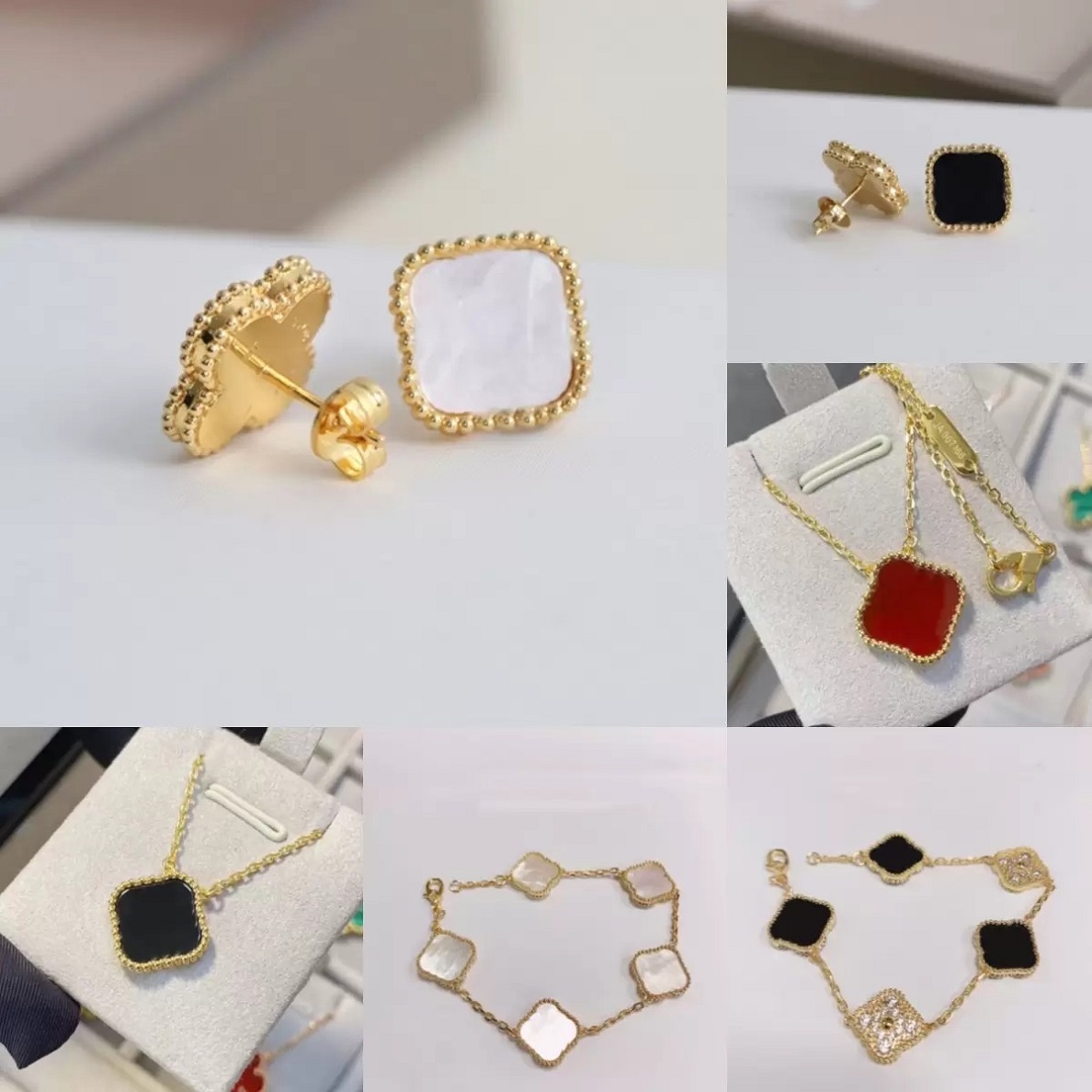 Four Leaf Clover Necklace Designer Jewelry Set Pendant Necklaces Bracelet Stud Earring Gold agate Mother of Pearl Green Flower Necklace Link Chain Womens with Box
Four Leaf Clover Necklace Designer Jewelry Set Pendant Necklaces Bracelet Stud Earring Gold agate Mother of Pearl Green Flower Necklace Link Chain Womens with Box