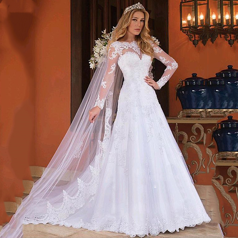 Vintage A-Line Wedding Dresses Long Sleeves Lace Appliques White Ivory Robe De Mariee Illusion Elegant Bridal Gowns Bride Wear Chapel Garden