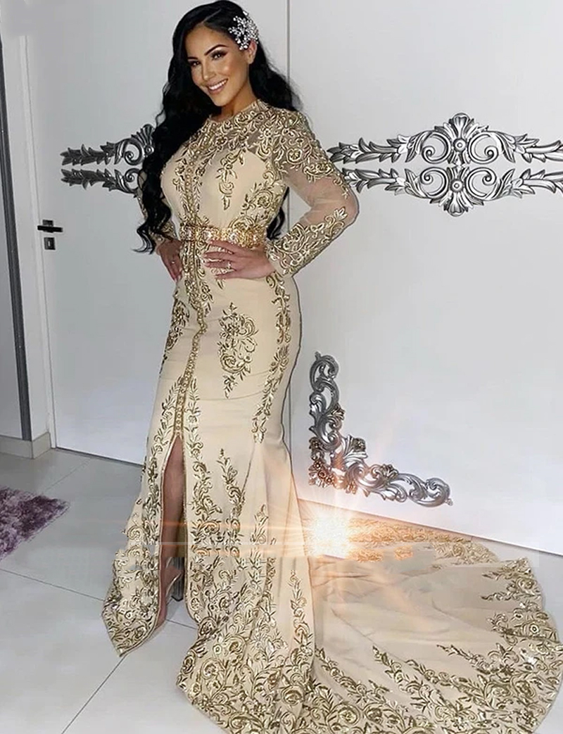 Elegant Champagne Moroccan Kaftan Evening Dresses Lace Embroidery Long Sleeve Front Split Mermaid Celebrity Party Gowns Court Train Arabic Maxi Prom W