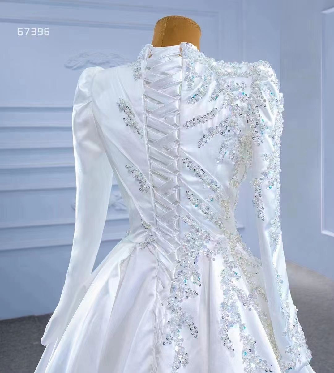 Long Sleeve High Neck Pearls A-line Wedding Dresses Puffy Skirt Princess Lace-up Corset Matte Stain Arabic Bridal Gowns
