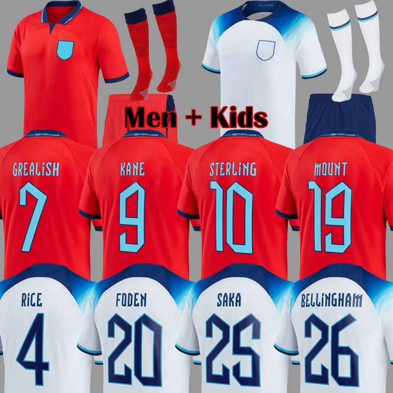 

2022 Soccer Jerseys World Cup SANCHO RASHFORD 2023 ENGLAND KANE STERLING GREALISH National team Football Kit 22 23 Red shirts White Blue uqB, Home patches