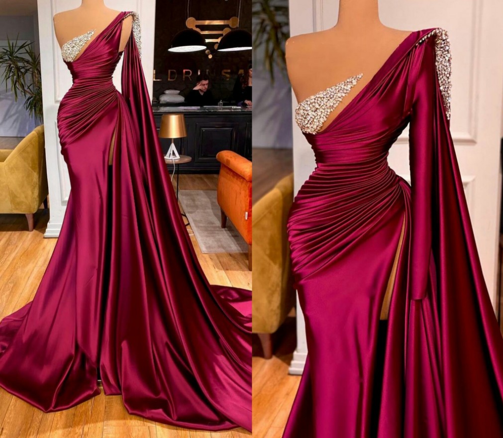 Vintage Mermaid Evening Dress One Shoulder Crystal Pleats Side Split Formal Prom Gowns for Women Party Wear Arabic Dubai Vestidos De Fieast
