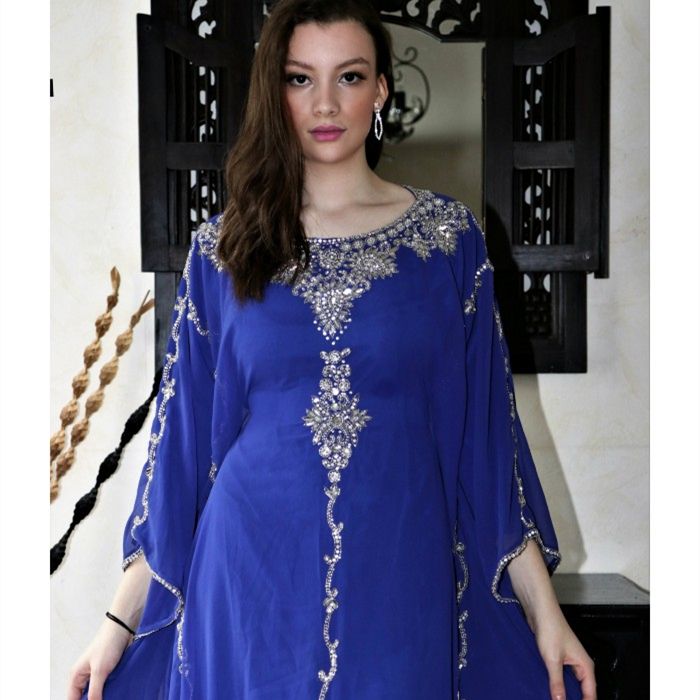Royal Blue Evening Dresses Arabic Dubai Abaya Morocco Crystals Beaded Long Sleeves Caped Floor Length Muslim Prom Party Gowns