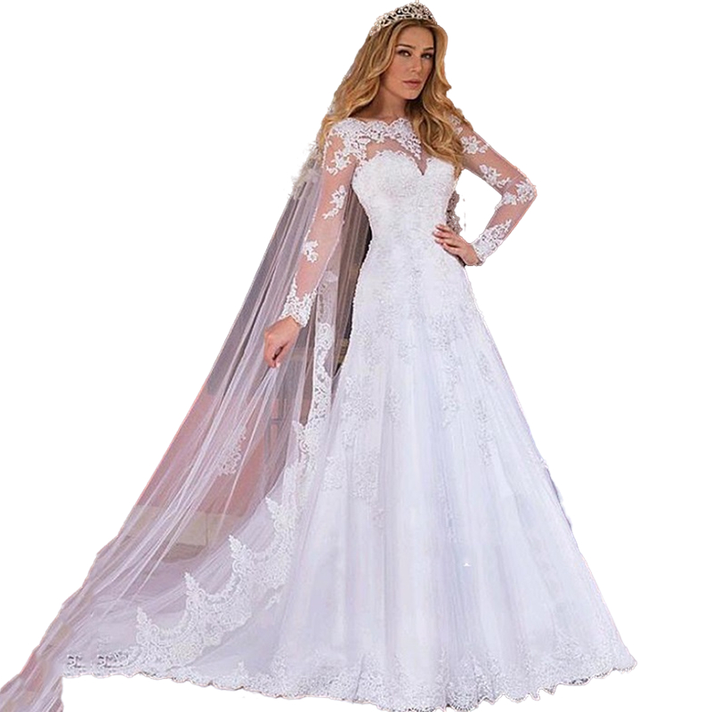 Vintage A-Line Wedding Dresses Long Sleeves Lace Appliques White Ivory Robe De Mariee Illusion Elegant Bridal Gowns Bride Wear Chapel Garden