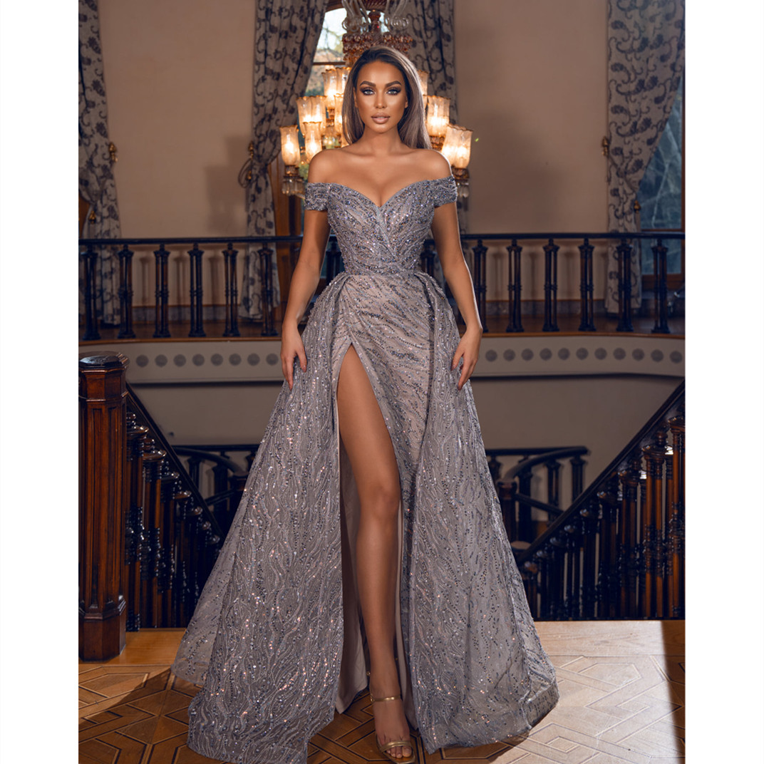 Sparkling Prom Dresses Sleeveless V Neck Off Shoulder Lace Appliques Sequins Evening Dresses Beaded Side Slit Floor Length Evening Dress Plus Size Cus