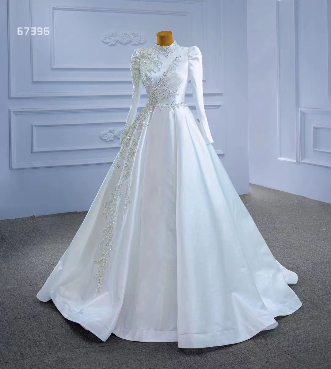 Long Sleeve High Neck Pearls A-line Wedding Dresses Puffy Skirt Princess Lace-up Corset Matte Stain Arabic Bridal Gowns