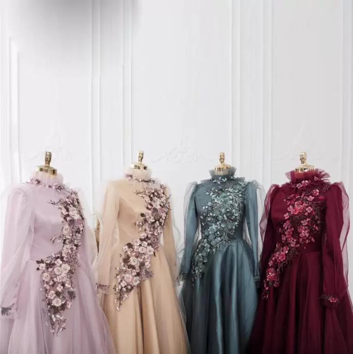 Modern 3D Flower Ankle Length evening Dresses burgundy long sleeve Hijab Muslim prom Gown Robes De Soiree Moroccan Caftan
