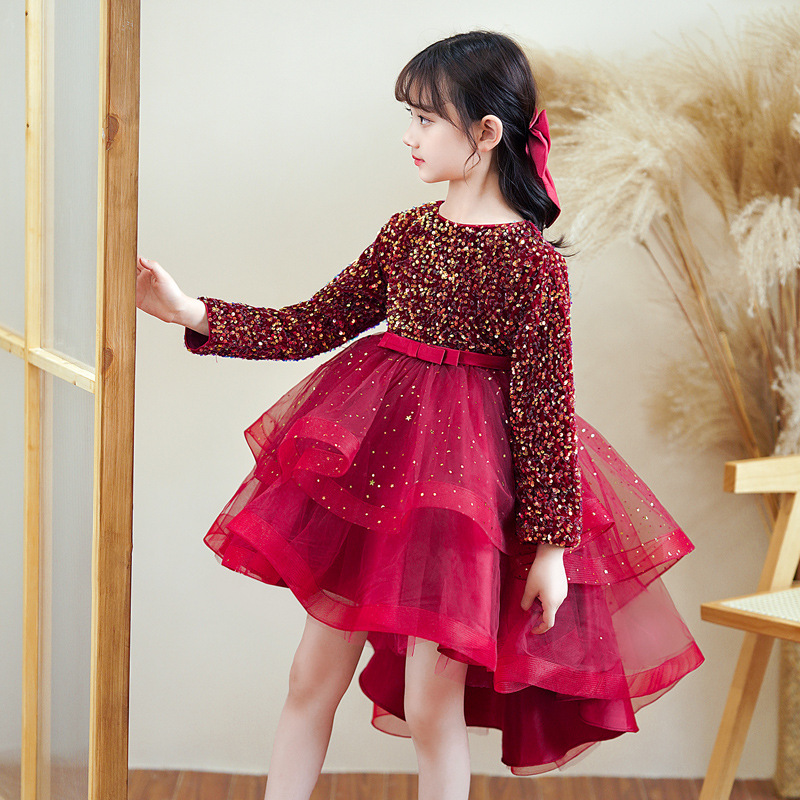 2023 Flower Girls Dresses Sheer Neck Long Sleeve Hand Made Flowers Kids Formal Wear Hi Lo sequined Girl Dress For Wedding