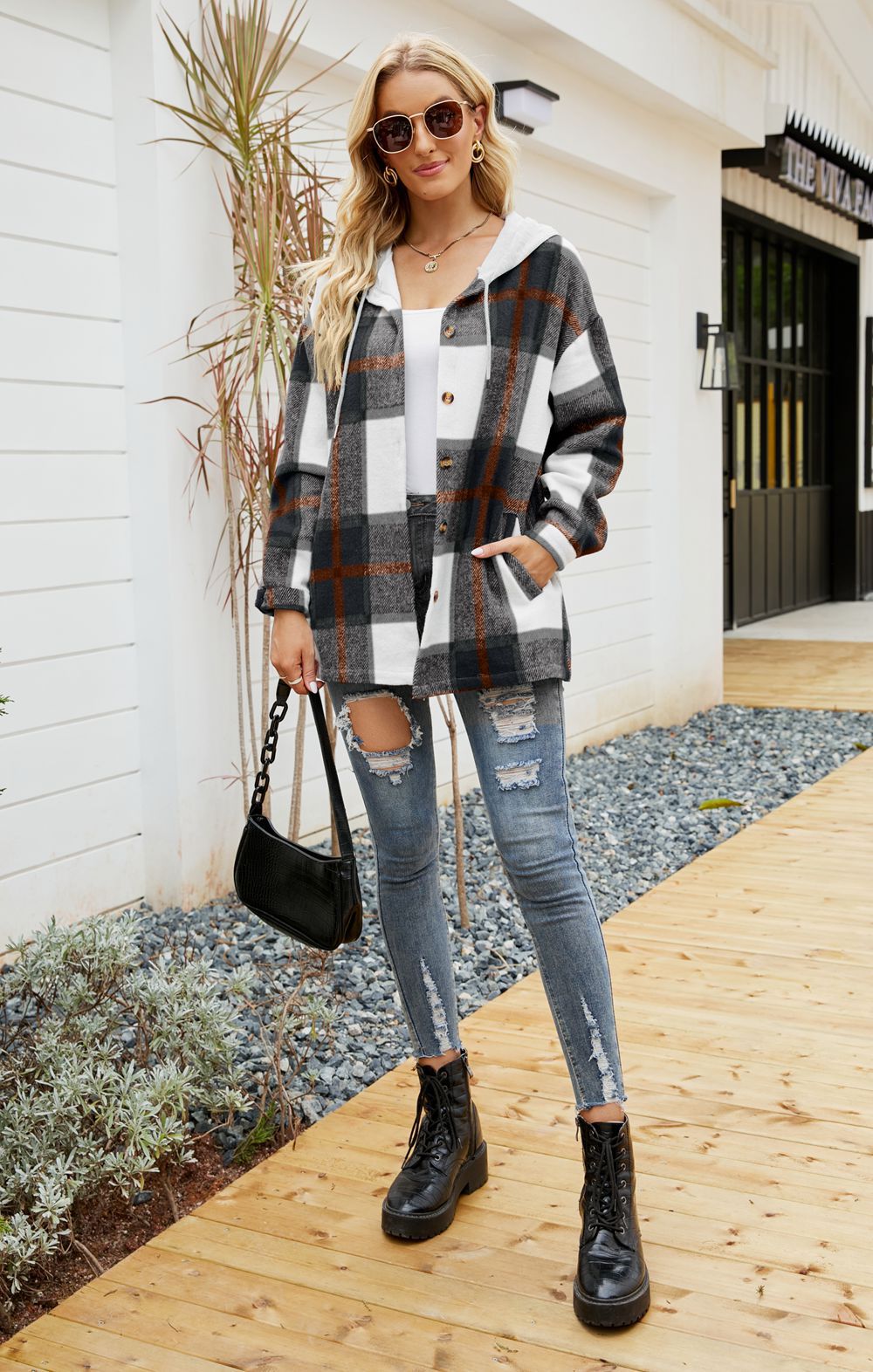 Women Plaid Print Hoodies Long Sleeve Loose Jacket Sweatshirts Button Drawstring Casual Fall Shirts with Pocket
