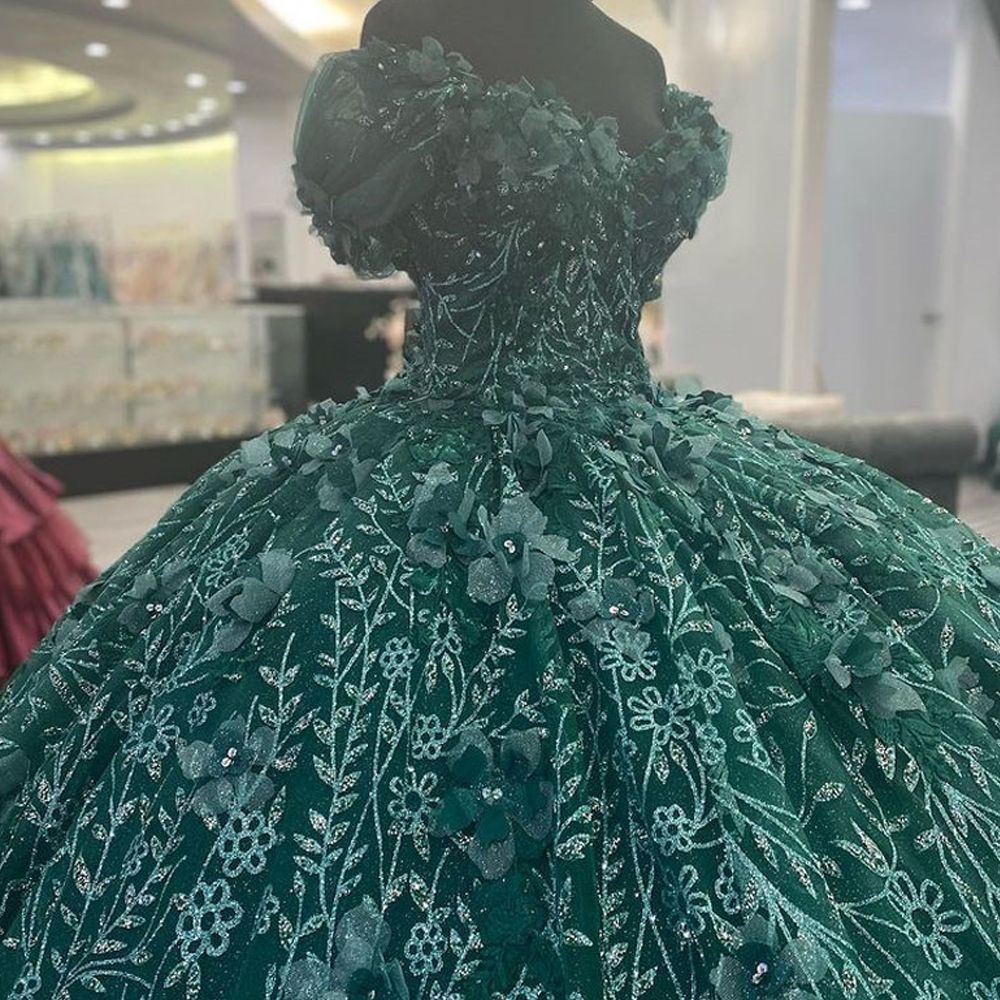Emerald Green Quinceanera Dresses Off Shoulder Glitter lace-up corset Sweet 15 Gown 3D Flower Sequin Vestidos de XV anos