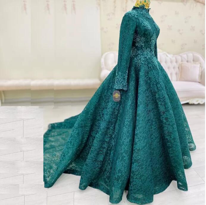 Teal Green Formal Evening Dresses Beaded Lace muslim High Collar Long Sleeve Arabic Dubai Turkey Engagement prom gown