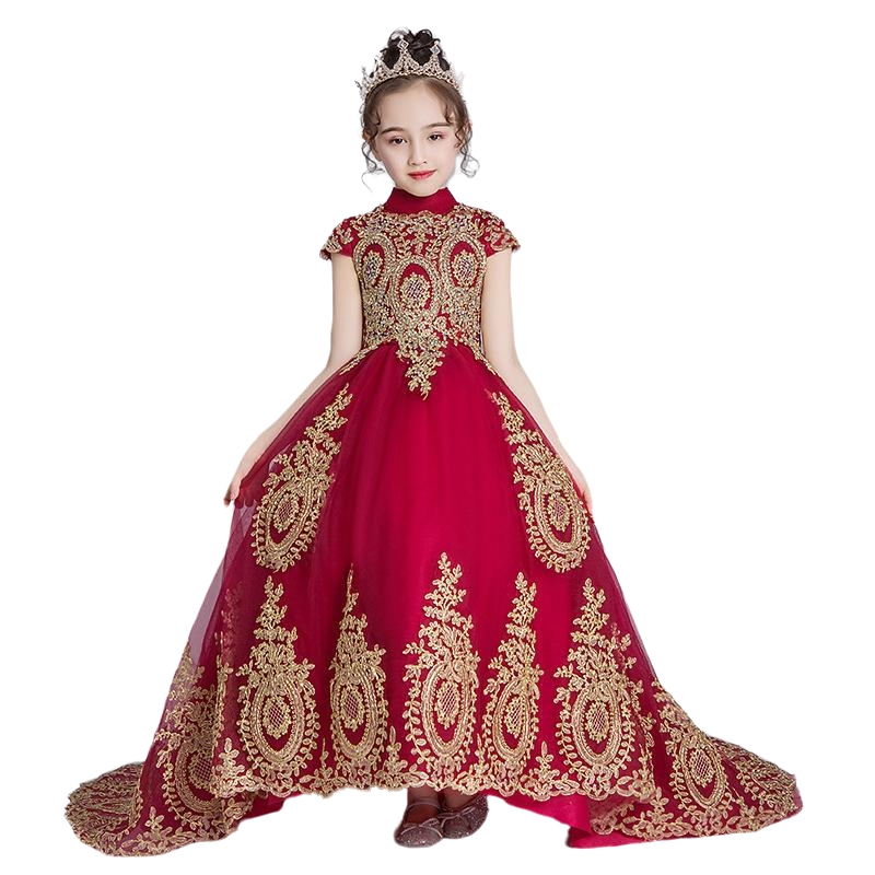 2023 red Flower Girl Dresses Jewel Neck Ball Gown gold Lace Appliques Beads sweep train Kids Girls Pageant Dress Sweep Train Birthday Gowns