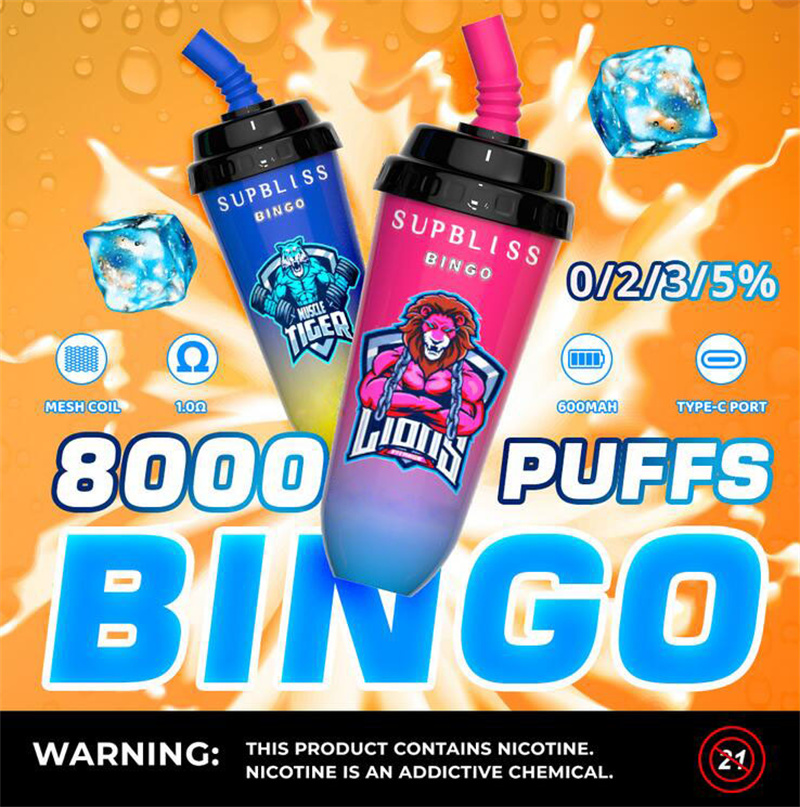 RandM SUPBLISS BINGO TIGERS 8000 Puffs Disposable E cigarettes With 600mAh Rechargeable Battery Pre-filled 16ml Pods Vape Pen 12 Colors
RandM SUPBLISS BINGO TIGERS 8000 Puffs Disposable E cigarettes With 600mAh Rechargeable Battery Pre-filled 16ml Pods Vape Pen 12 Colors
