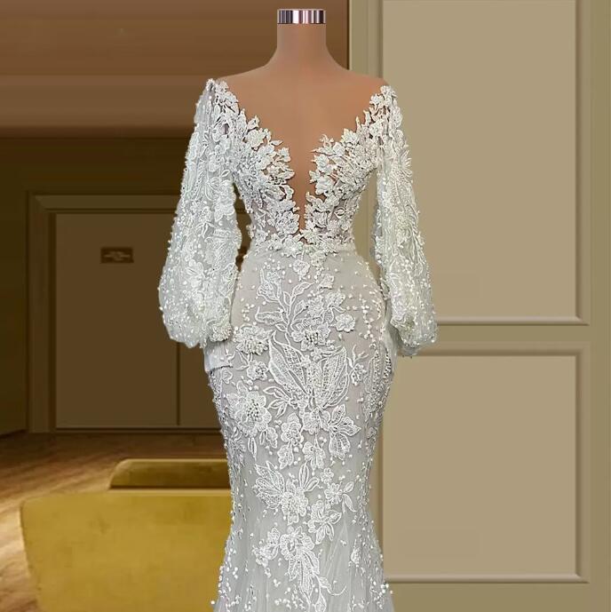 Floria Puffy long Sleeves Beads mermaid Wedding Dresses Full Lace floral Bridal Gown Arabic Dubai Vestidos De Fiesta
