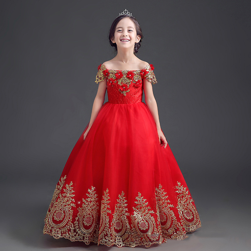 Lace Flower Girl Dress Cute gold red Bows Children's First Communion Dress Princess Formal Tulle Ball Gown Wedding birthday Christmas Party gowns