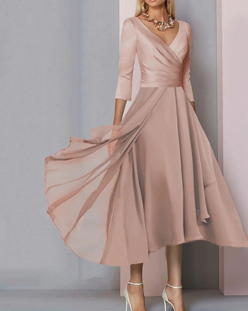 Simple Short Mother of the Bride Dress 2024 Grape Elegant V-neck Tea Length Chiffon Satin Half Sleeves Bridal Party Gown Robe De Soiree