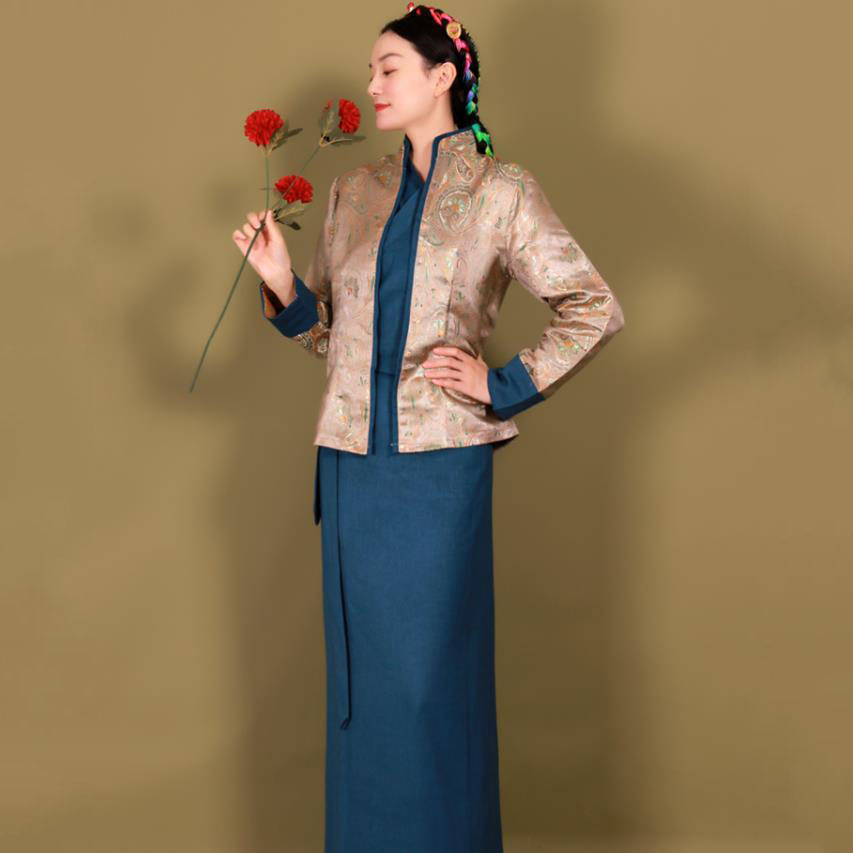 Asian ethnic clothing vintage dress elegant Tibetan robe Traditional Women Oriental Vestido antique pattern costume