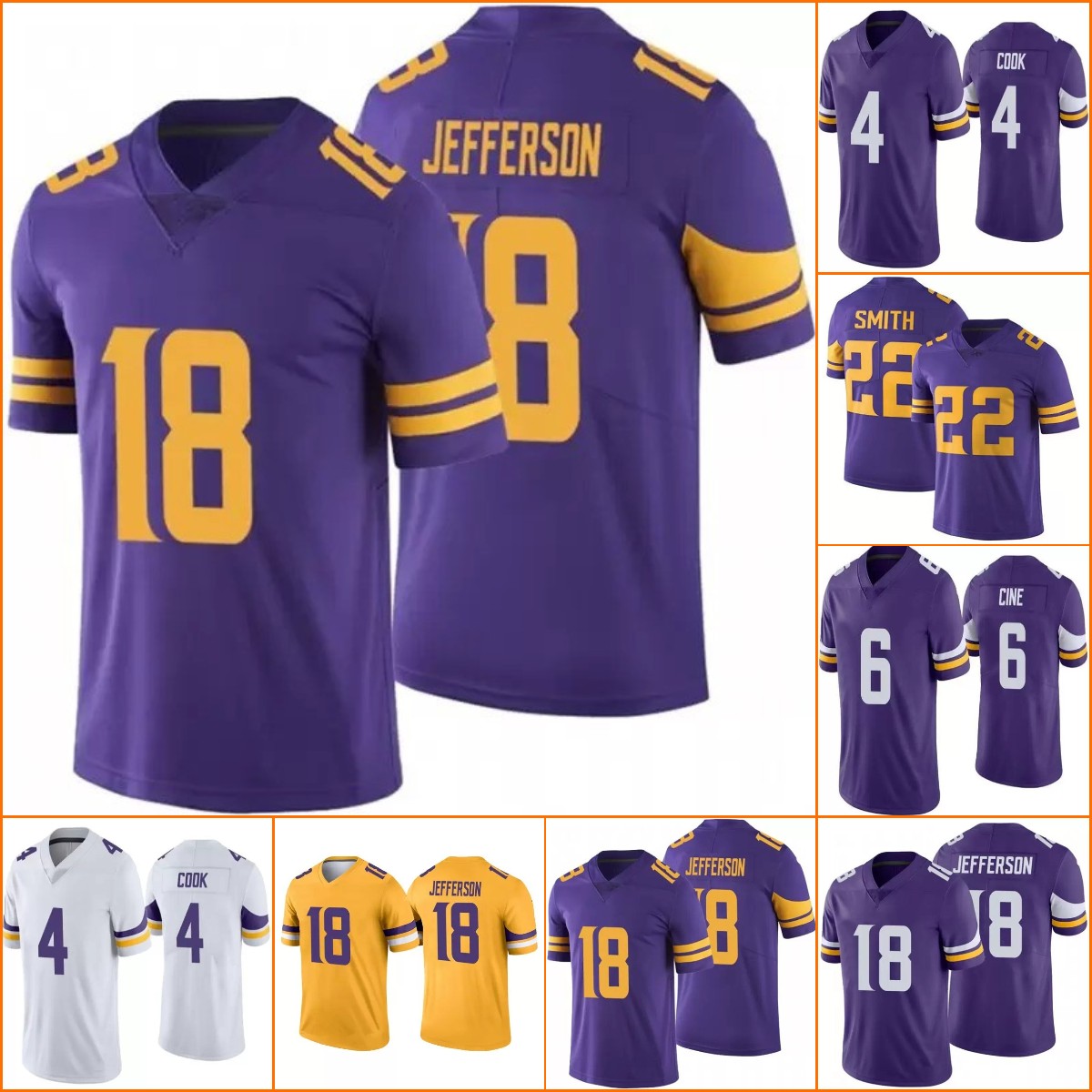Jersey Custom Minnesota''Vikings''18 Jefferson Football 4 Dalvin Cook 19 Adam Thielen 22 Harrison Smith 8 Kirk Cousins 99 Danielle Hunter Randy Mos, Men jersey4
Jersey Custom Minnesota''Vikings''18 Jefferson Football 4 Dalvin Cook 19 Adam Thielen 22 Harrison Smith 8 Kirk Cousins 99 Danielle Hunter Randy Mos, Men jersey4