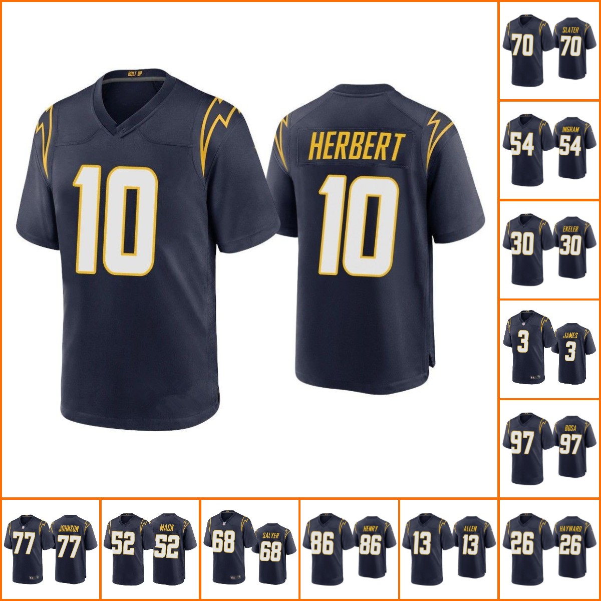 Jersey Custom Zion Johnson Derwin James Khalil Mack Justin Herbert Joey Bosa Keenan Allen Jamaree Salyer Los Angeles''Chargers''MEN Women Youth Navy
Jersey Custom Zion Johnson Derwin James Khalil Mack Justin Herbert Joey Bosa Keenan Allen Jamaree Salyer Los Angeles''Chargers''MEN Women Youth Navy