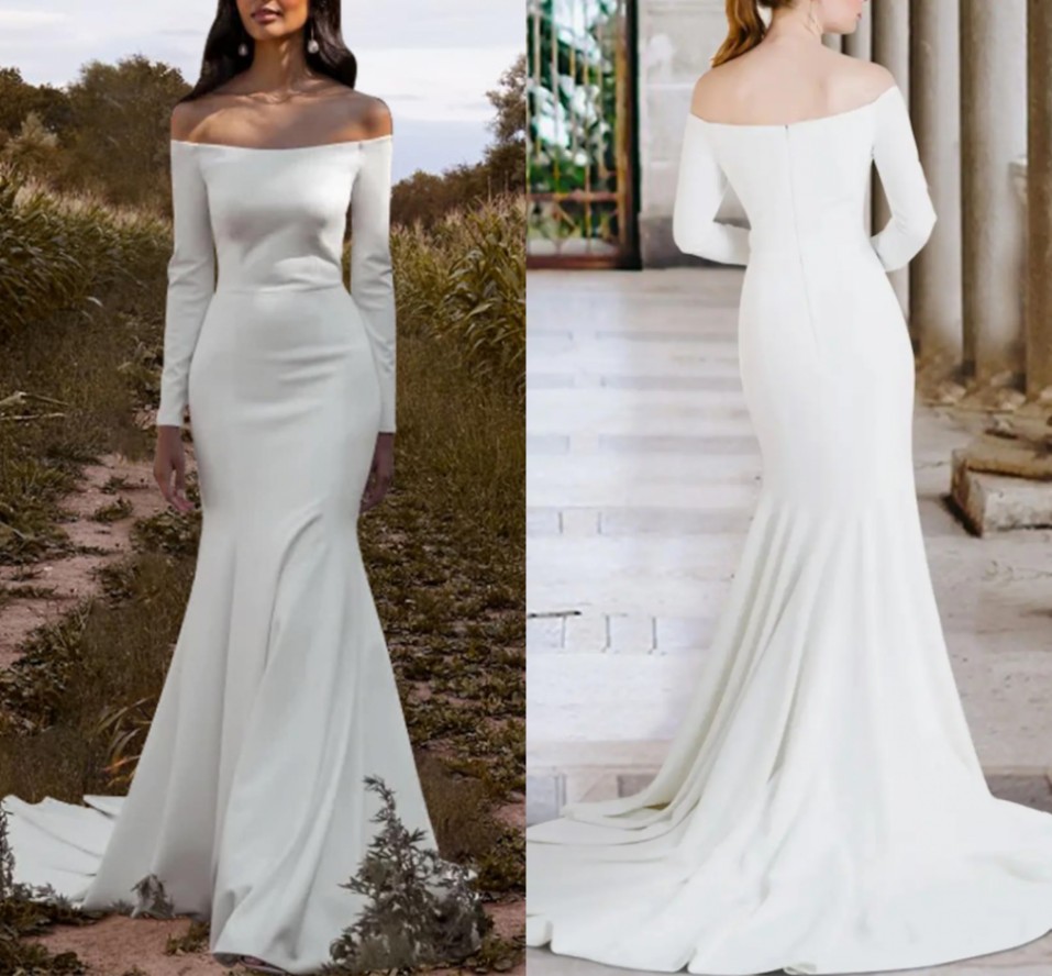 Mermaid Wedding Dress 2023 Bridal Gowns Off Shoulder Court Train Soft Satin Long Sleeve Simple Boho Beach Vestidos De Novia