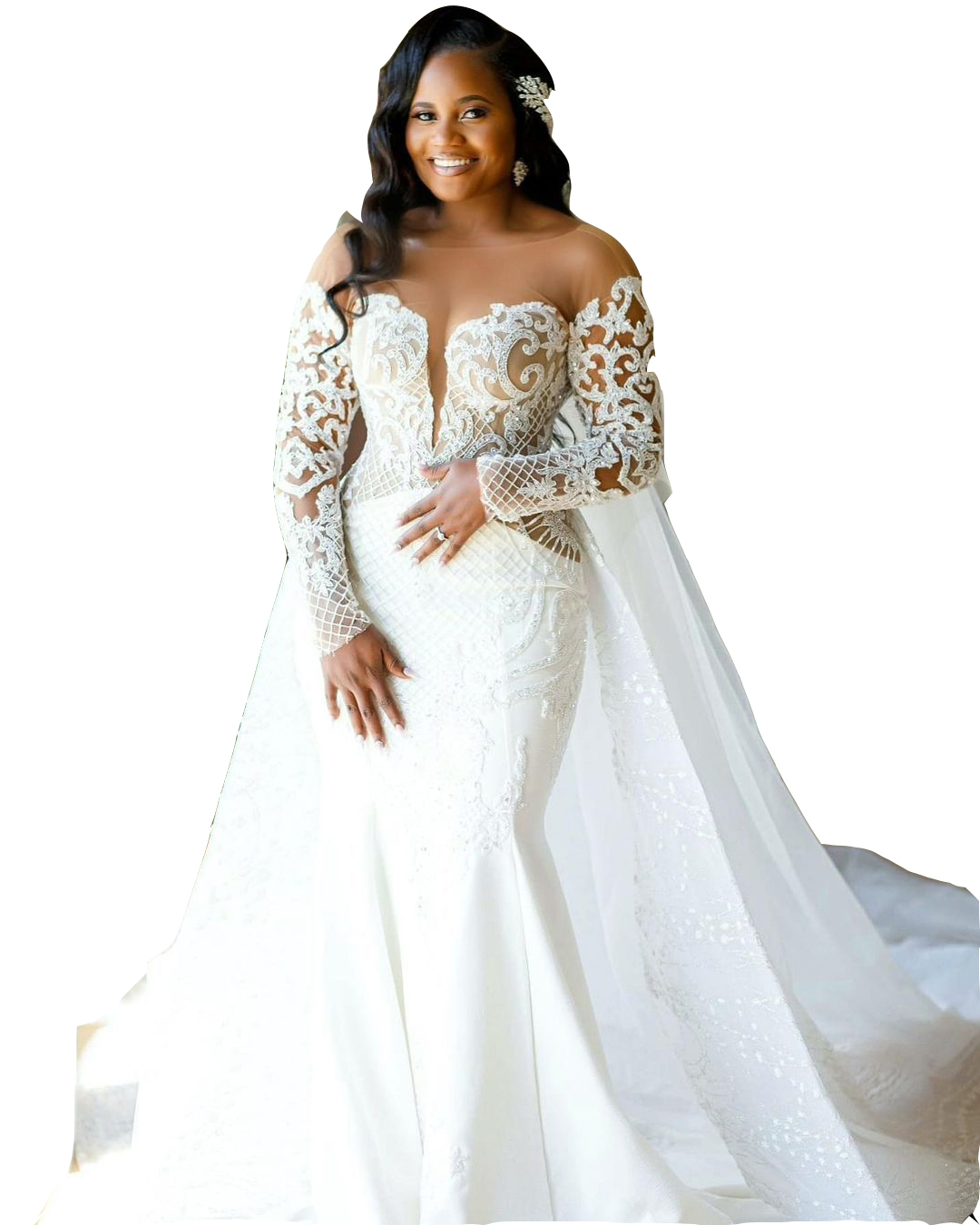 African Sexy Mermaid Wedding Dresses Illusion Jewel Neck Long Sleeves Lace Appliques Crystal Beads Overskirts Plus Size Custom Country Bridal Gowns