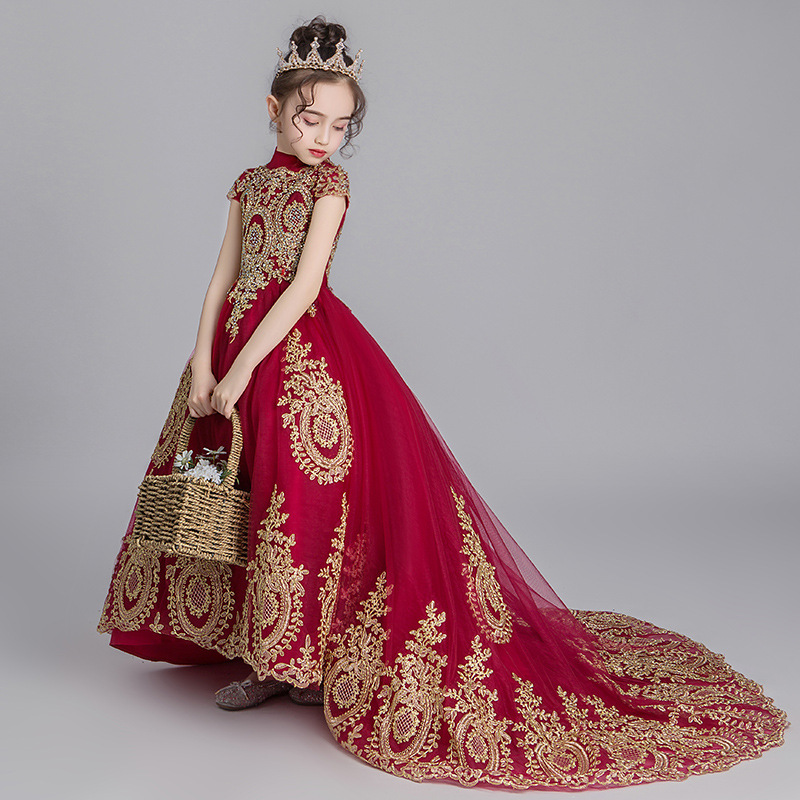 2023 red Flower Girl Dresses Jewel Neck Ball Gown gold Lace Appliques Beads sweep train Kids Girls Pageant Dress Sweep Train Birthday Gowns