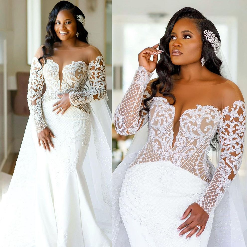 African Sexy Mermaid Wedding Dresses Illusion Jewel Neck Long Sleeves Lace Appliques Crystal Beads Overskirts Plus Size Custom Country Bridal Gowns