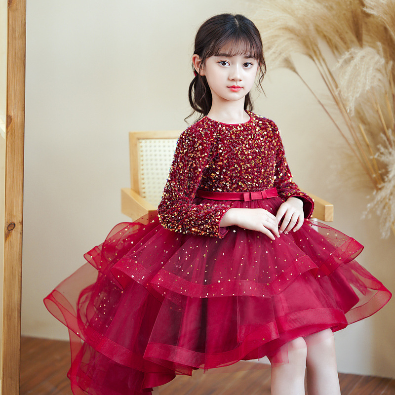 2023 Flower Girls Dresses Sheer Neck Long Sleeve Hand Made Flowers Kids Formal Wear Hi Lo sequined Girl Dress For Wedding