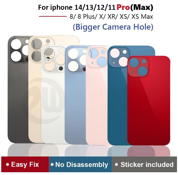OEM Big Hole Back Glass Housings For iPhone 8 8Plus X XR XS 11 12 13 14 Pro MAX Battery Rear Cover Housing with sticker
OEM Big Hole Back Glass Housings For iPhone 8 8Plus X XR XS 11 12 13 14 Pro MAX Battery Rear Cover Housing with sticker