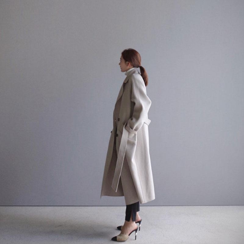 Winter CoatWomen Wide Lapel Belt Pocket Wool Blend Coat Oversize Long Trench Outwear Wool Women