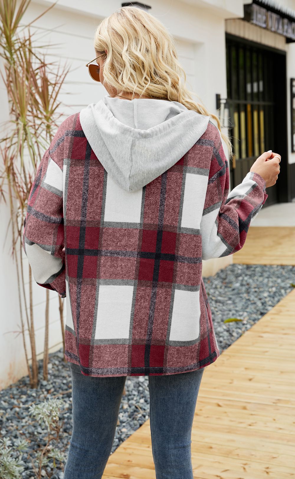 Women Plaid Print Hoodies Long Sleeve Loose Jacket Sweatshirts Button Drawstring Casual Fall Shirts with Pocket