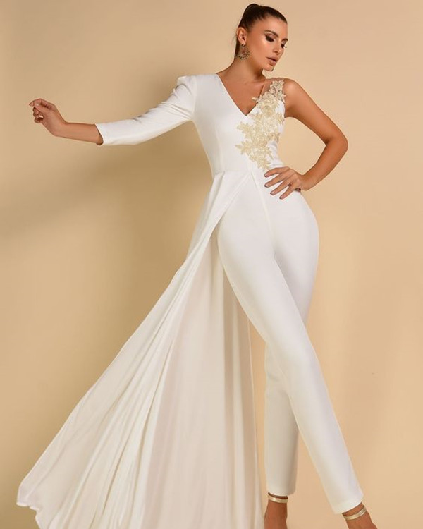 Modern Beach Jumpsuit a-line Wedding Dresses with Overskirt One Shoulder Long Sleee Lace Stain Garden Bridal Dress Pant Suit