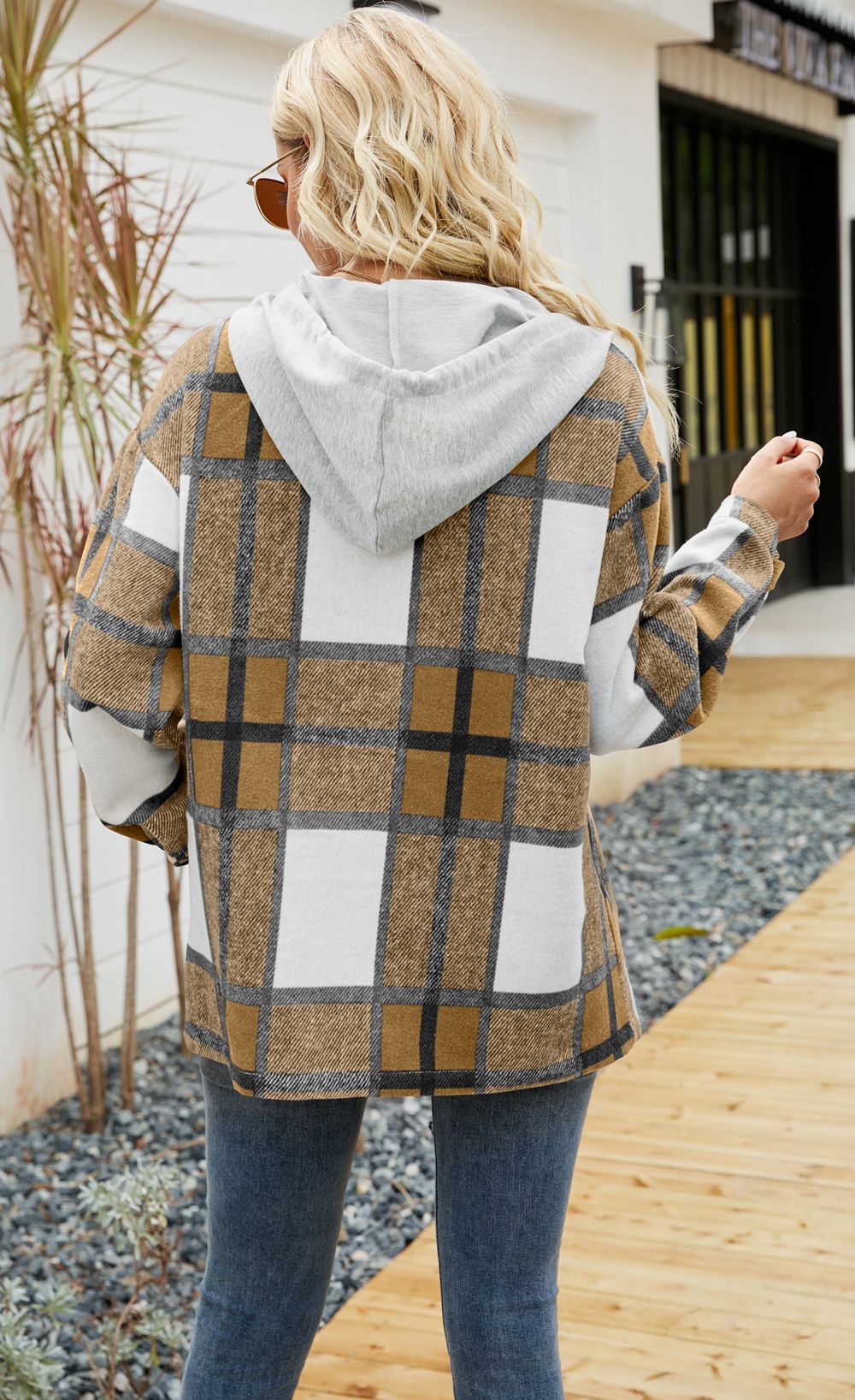 Women Plaid Print Hoodies Long Sleeve Loose Jacket Sweatshirts Button Drawstring Casual Fall Shirts with Pocket