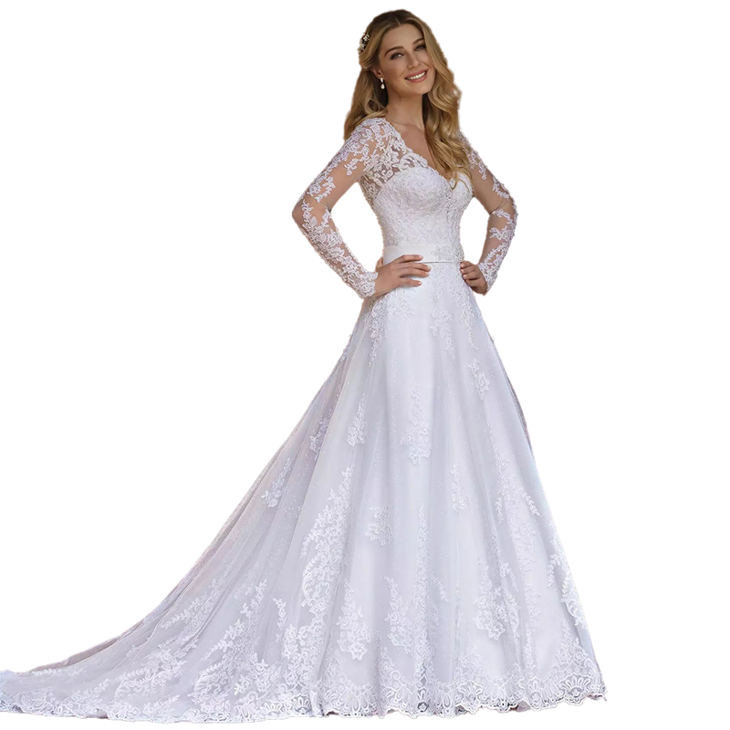 Classic Long Sleeves A-Line Wedding Dresses Bridal Gowns V-Neck Chapel Train Ivory Lace Appliques Spring Autumn Country Robe De Marriage 2023 Modest B
