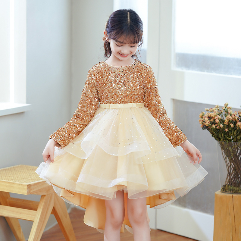 2023 Flower Girls Dresses Sheer Neck Long Sleeve Hand Made Flowers Kids Formal Wear Hi Lo sequined Girl Dress For Wedding
