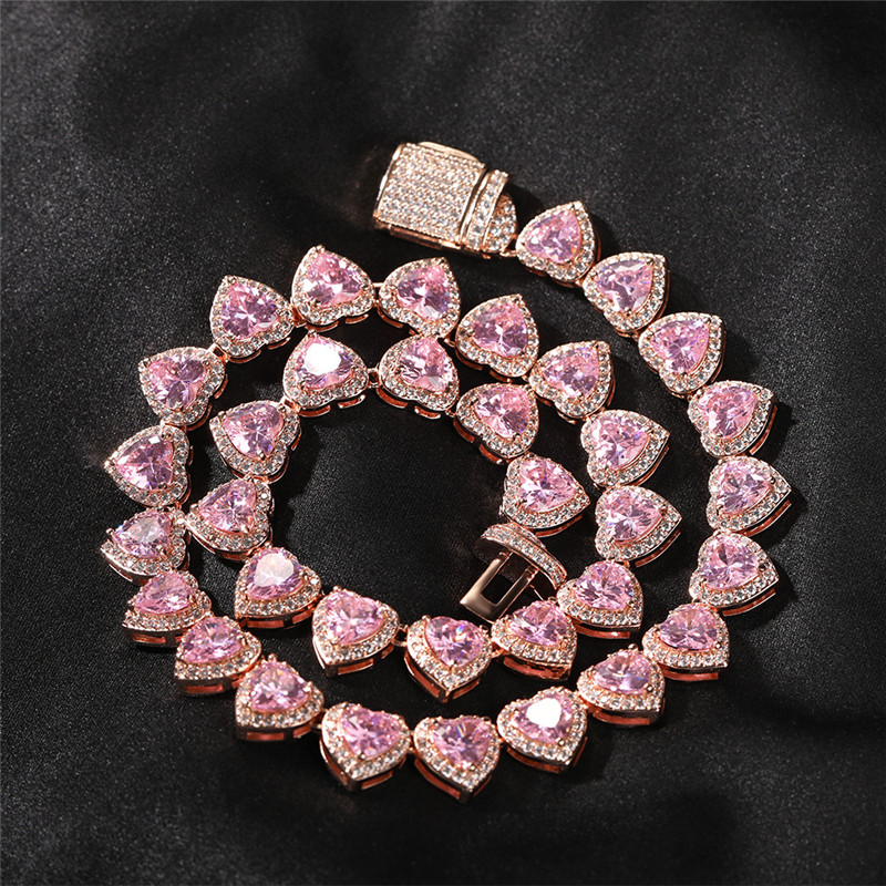 New Fashion 10mm 16inch 18K Yellow White Gold Plated CZ Heart Chain Necklace For Men Women Jewelry Nice Gift