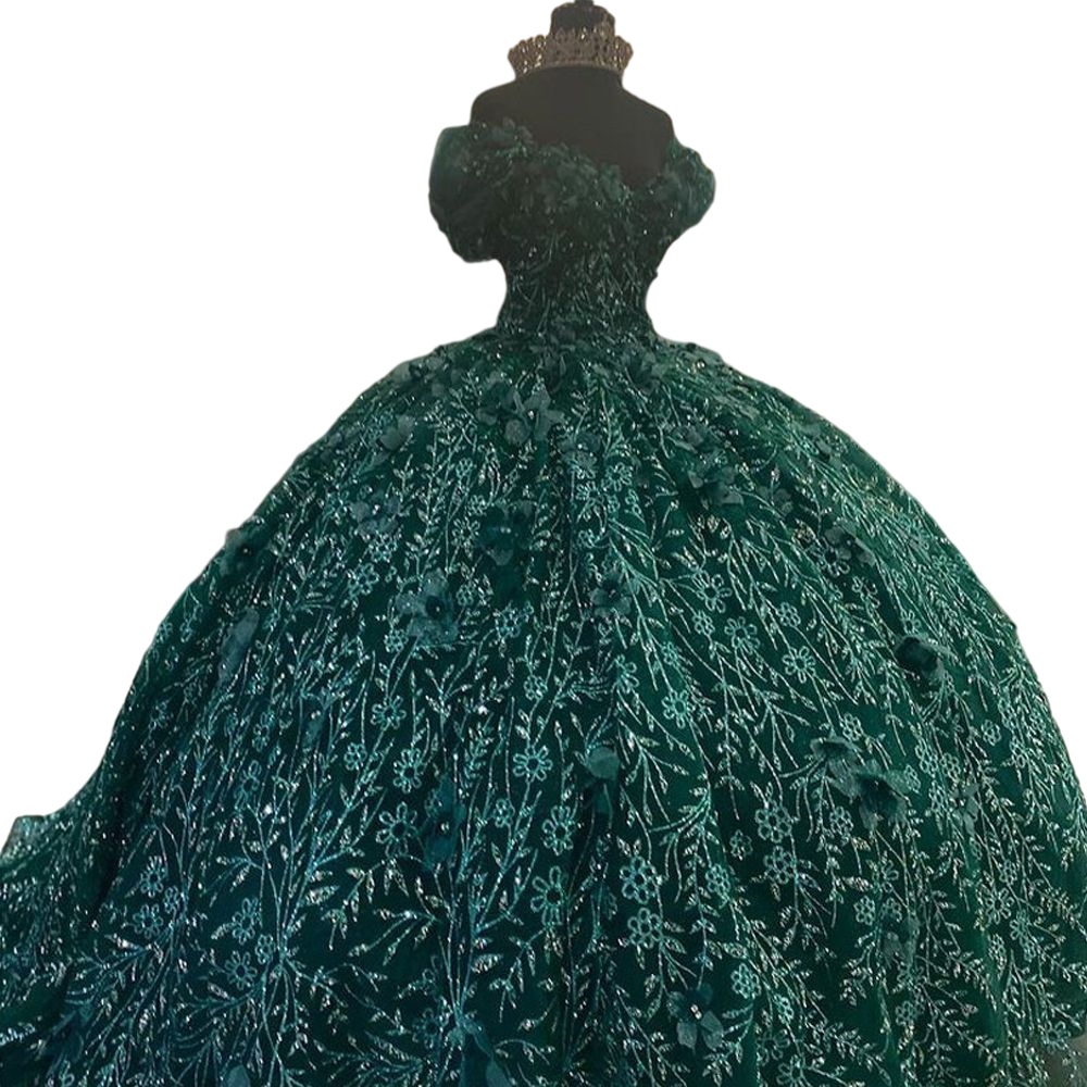 Emerald Green Quinceanera Dresses Off Shoulder Glitter lace-up corset Sweet 15 Gown 3D Flower Sequin Vestidos de XV anos