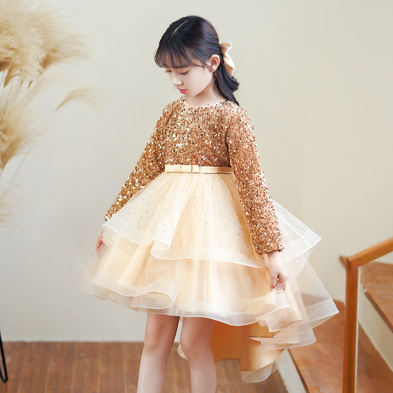 2023 Flower Girls Dresses Sheer Neck Long Sleeve Hand Made Flowers Kids Formal Wear Hi Lo sequined Girl Dress For Wedding